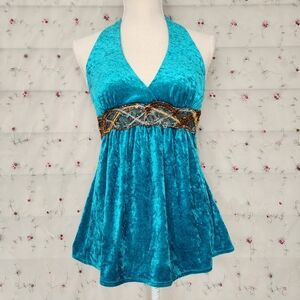 Vintage Teal Velvet Halter Top